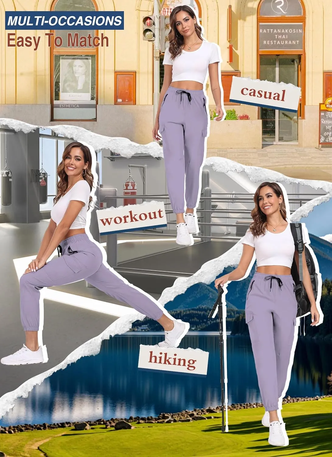 Cargo Pants Women Water Resistant Joggers with Pockets Hiking Pants Lightweight Quick Dry Elastic Waist Pants HH2412