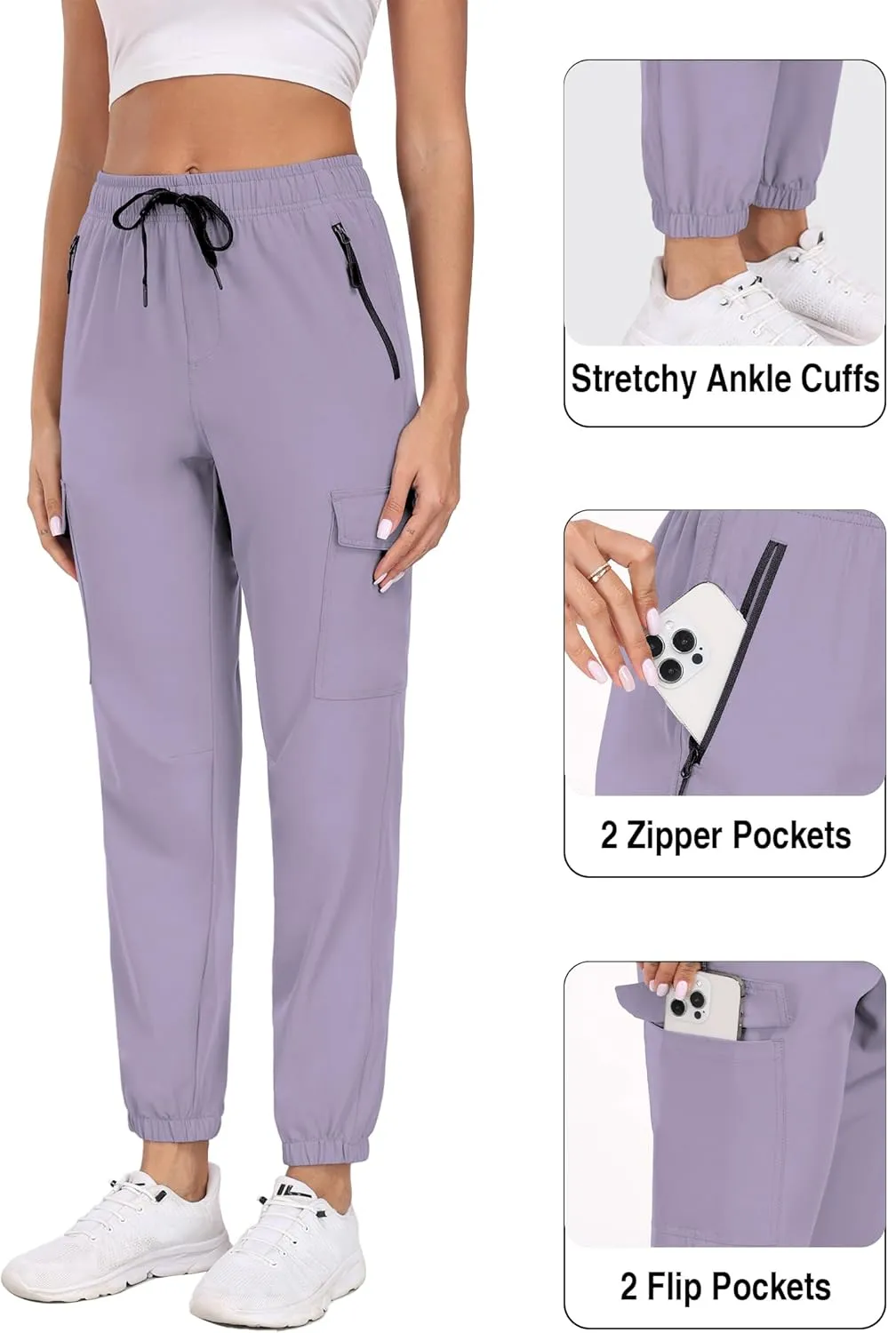 Cargo Pants Women Water Resistant Joggers with Pockets Hiking Pants Lightweight Quick Dry Elastic Waist Pants HH2412