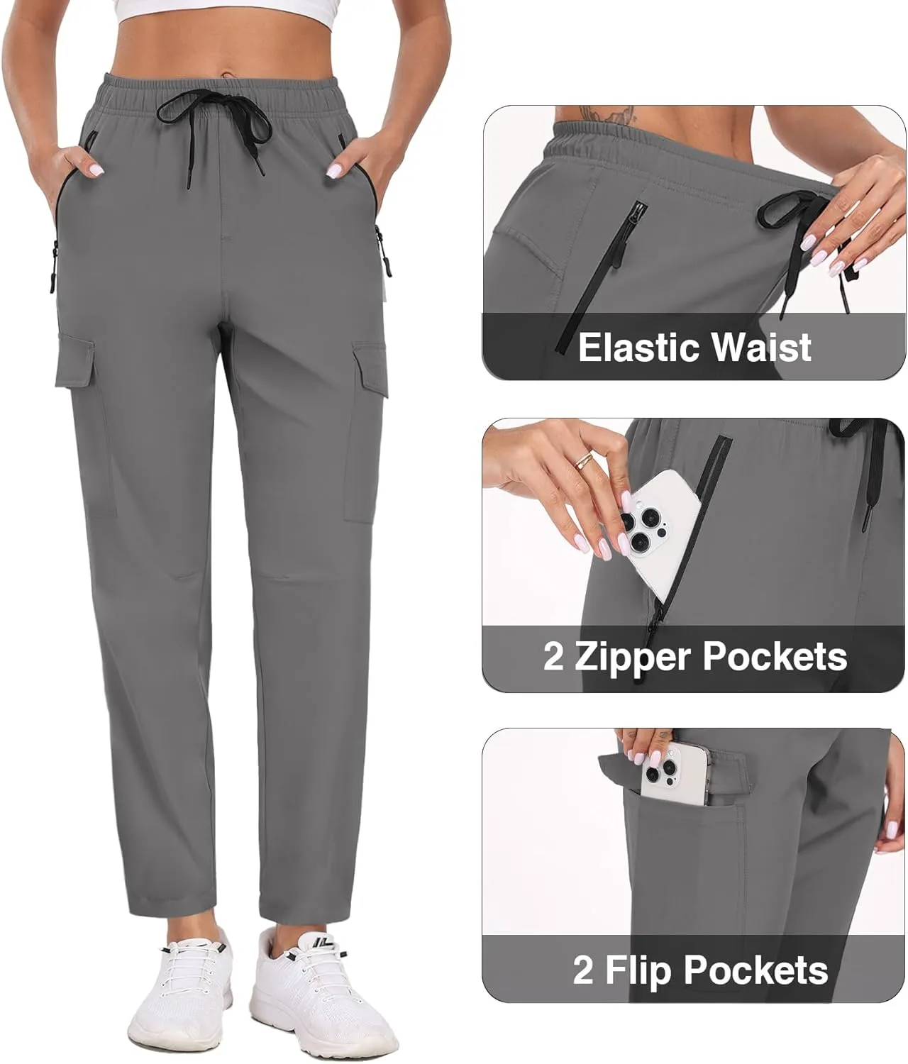 Cargo Pants Women Water Resistant Joggers with Pockets Hiking Pants Lightweight Quick Dry Elastic Waist Pants HH2412