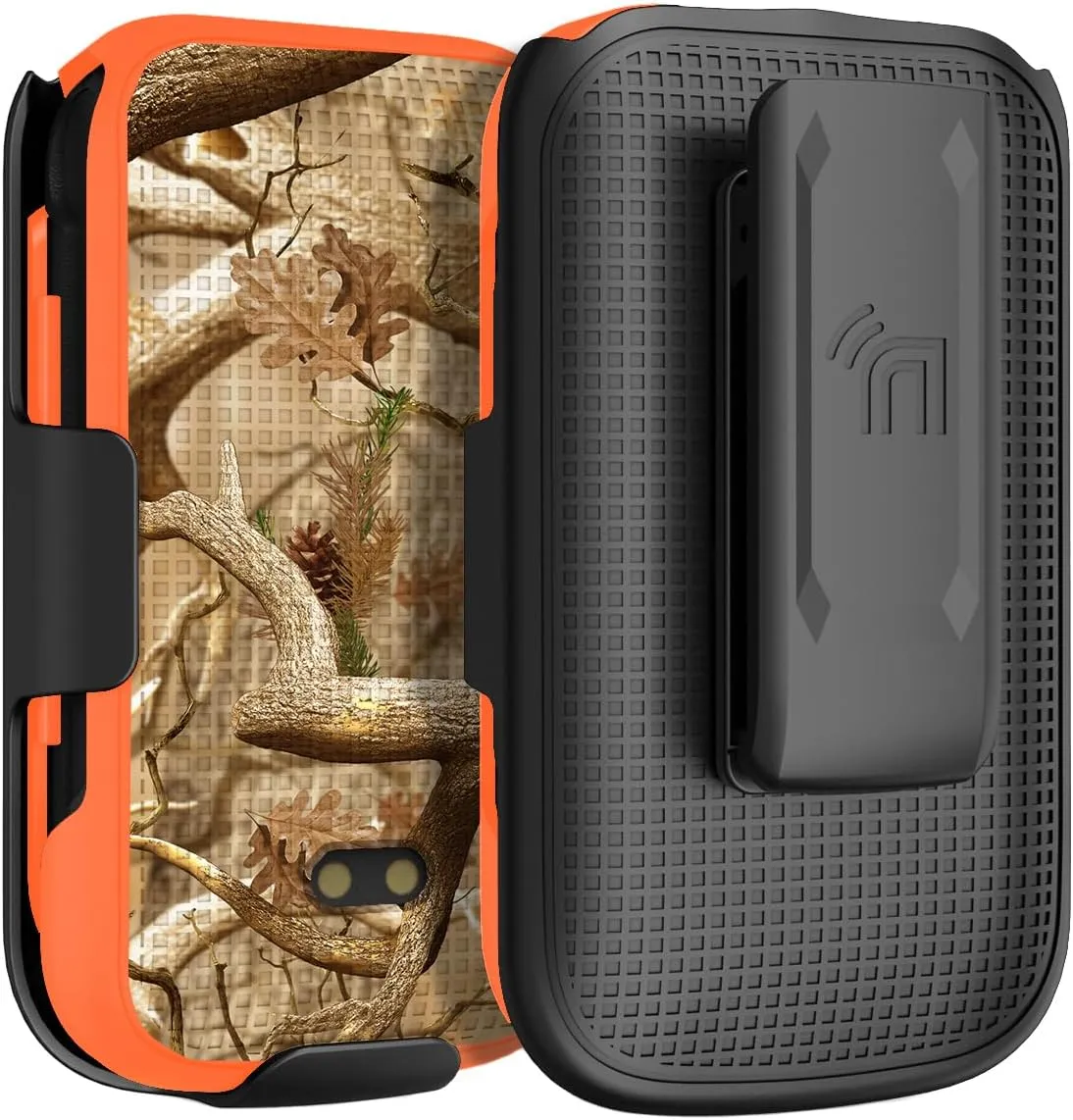 Case with Clip for Sonim XP3 Plus 4G Flip Phone, Nakedcellphone Slim Hard Shell Cover and [Rotating/Ratchet] Belt Hip Holster Holder Combo for XP3plus (Model XP3900, Year 2021) - Orange Hunter Camo