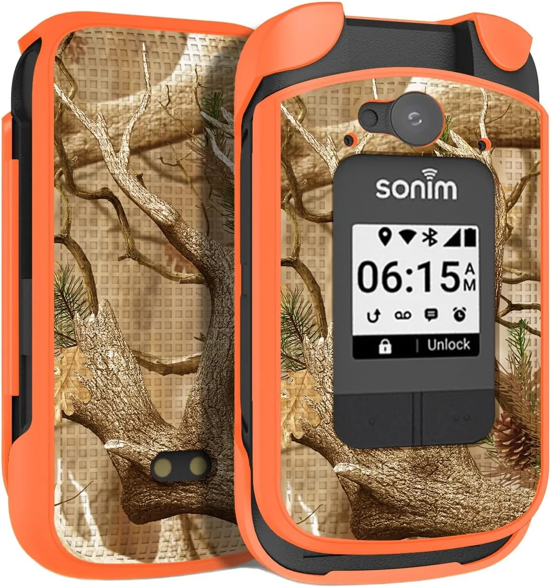 Case with Clip for Sonim XP3 Plus 4G Flip Phone, Nakedcellphone Slim Hard Shell Cover and [Rotating/Ratchet] Belt Hip Holster Holder Combo for XP3plus (Model XP3900, Year 2021) - Orange Hunter Camo