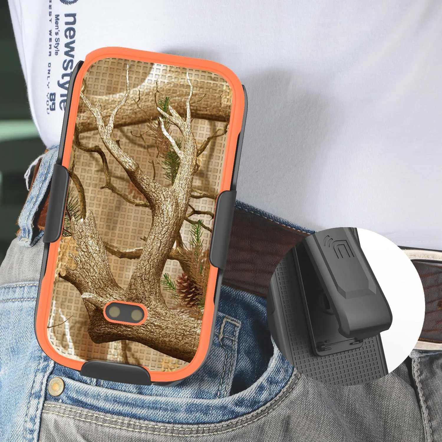 Case with Clip for Sonim XP3 Plus 4G Flip Phone, Nakedcellphone Slim Hard Shell Cover and [Rotating/Ratchet] Belt Hip Holster Holder Combo for XP3plus (Model XP3900, Year 2021) - Orange Hunter Camo