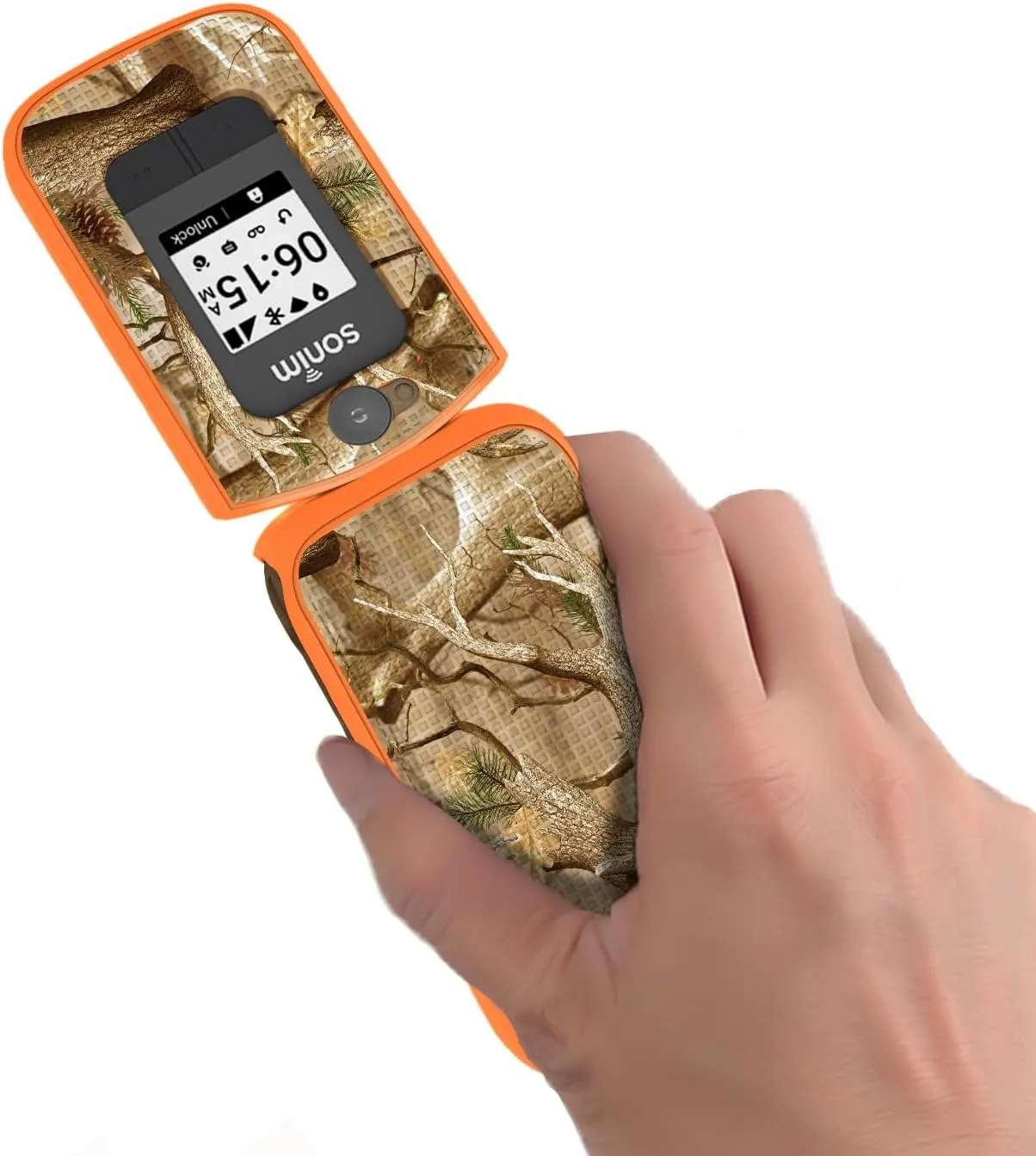 Case with Clip for Sonim XP3 Plus 4G Flip Phone, Nakedcellphone Slim Hard Shell Cover and [Rotating/Ratchet] Belt Hip Holster Holder Combo for XP3plus (Model XP3900, Year 2021) - Orange Hunter Camo