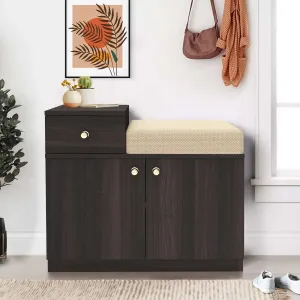 Cedar 2 Door Cushion Seat Shoe Rack / Multipurpose Cabinet with Drawer (Brown)