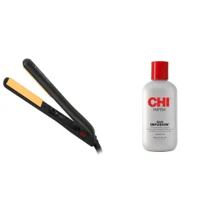 CHI Original Ceramic Hair Straightener Flat Iron | 1 Inch Ceramic Floating Plates | Quick Heat Up | Analog On/Off Switch | Black & INFRA Silk Infusion, 6 Fl Oz