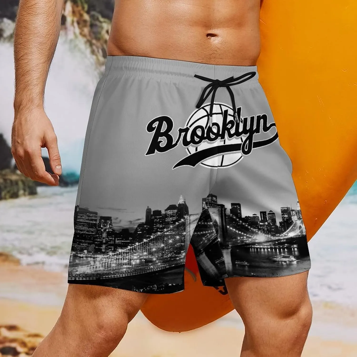 City Night View Men's Shorts Basketball Fans Gifts Quick Dry Swim Trunks Compression Liner Beach Shorts