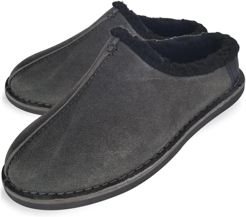 Clarks Men's Suede Leather Clog Slippers With Faux Shearling Collar , JMS0572,Indoor/Outdoor Low Open Back Slip-Ons, Grey, 11 UK