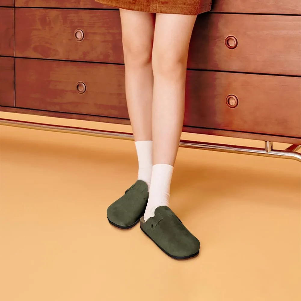 Clogs for Women Suede Soft Leather Clogs Classic Cork Clog Antislip Slippers Waterproof Mules House Sandals Buckle