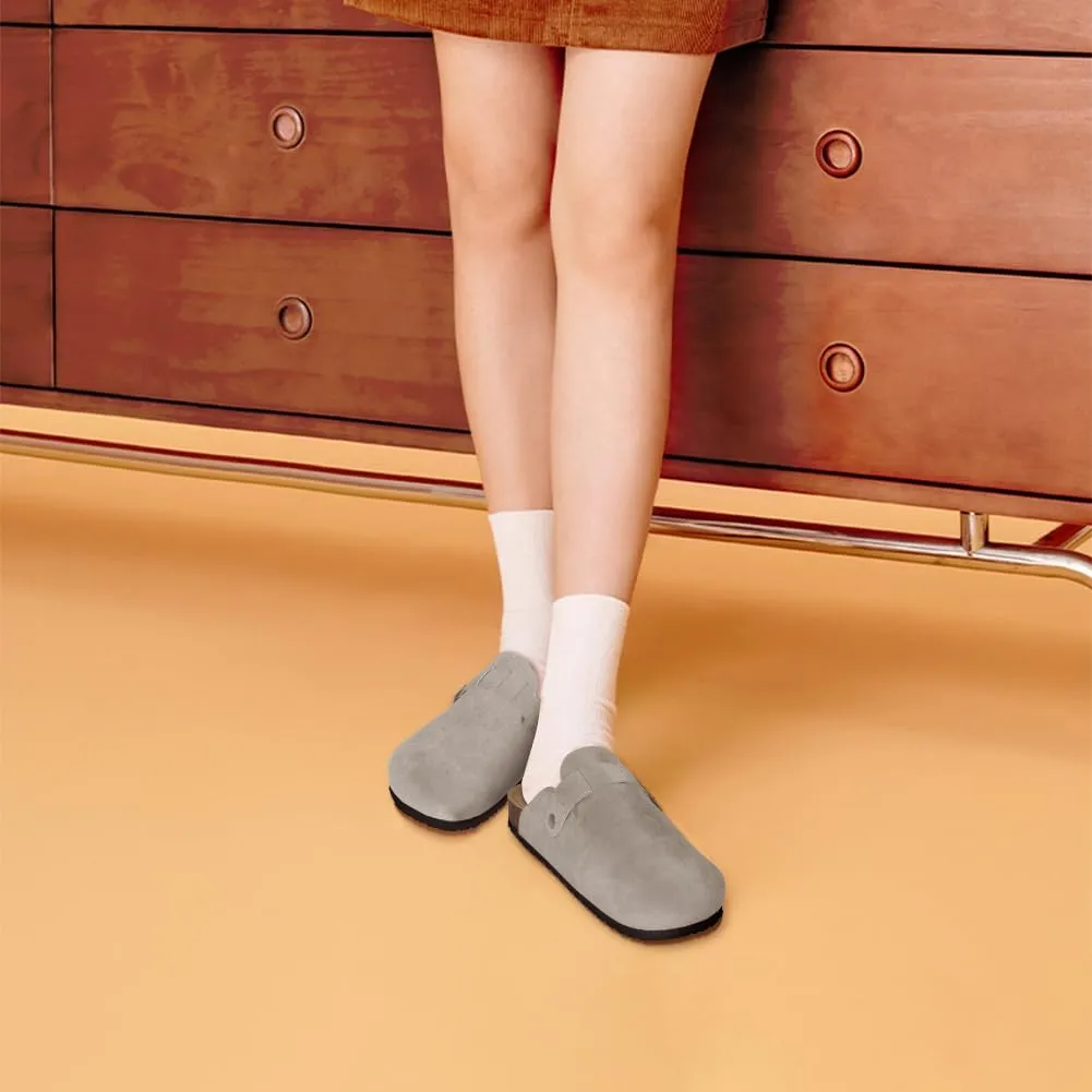 Clogs for Women Suede Soft Leather Clogs Classic Cork Clog Antislip Slippers Waterproof Mules House Sandals Buckle