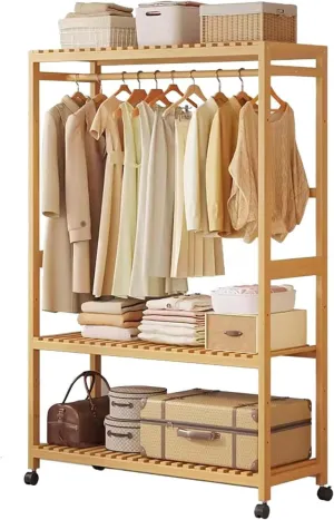 Clothes Rack with Wheels, Bamboo Coat Rack with 2 Storage Shelves, Open Closet Organizers and a Top Rod for Bedroom, Hallway 83cm