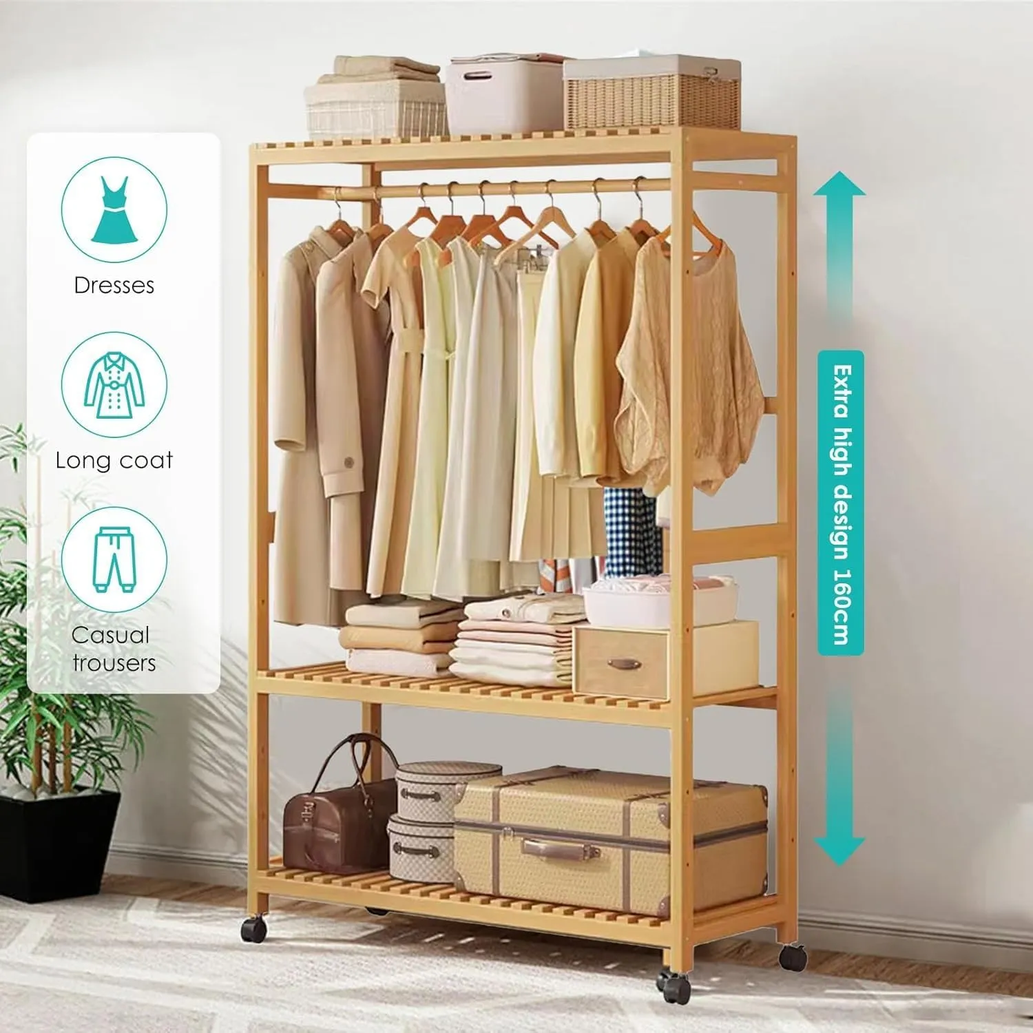 Clothes Rack with Wheels, Bamboo Coat Rack with 2 Storage Shelves, Open Closet Organizers and a Top Rod for Bedroom, Hallway 83cm