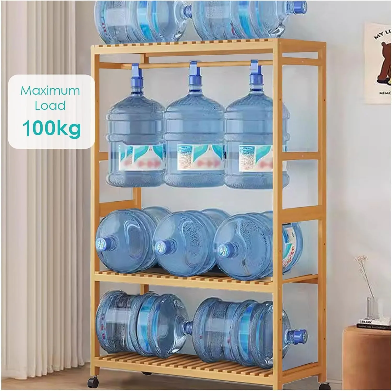 Clothes Rack with Wheels, Bamboo Coat Rack with 2 Storage Shelves, Open Closet Organizers and a Top Rod for Bedroom, Hallway 83cm