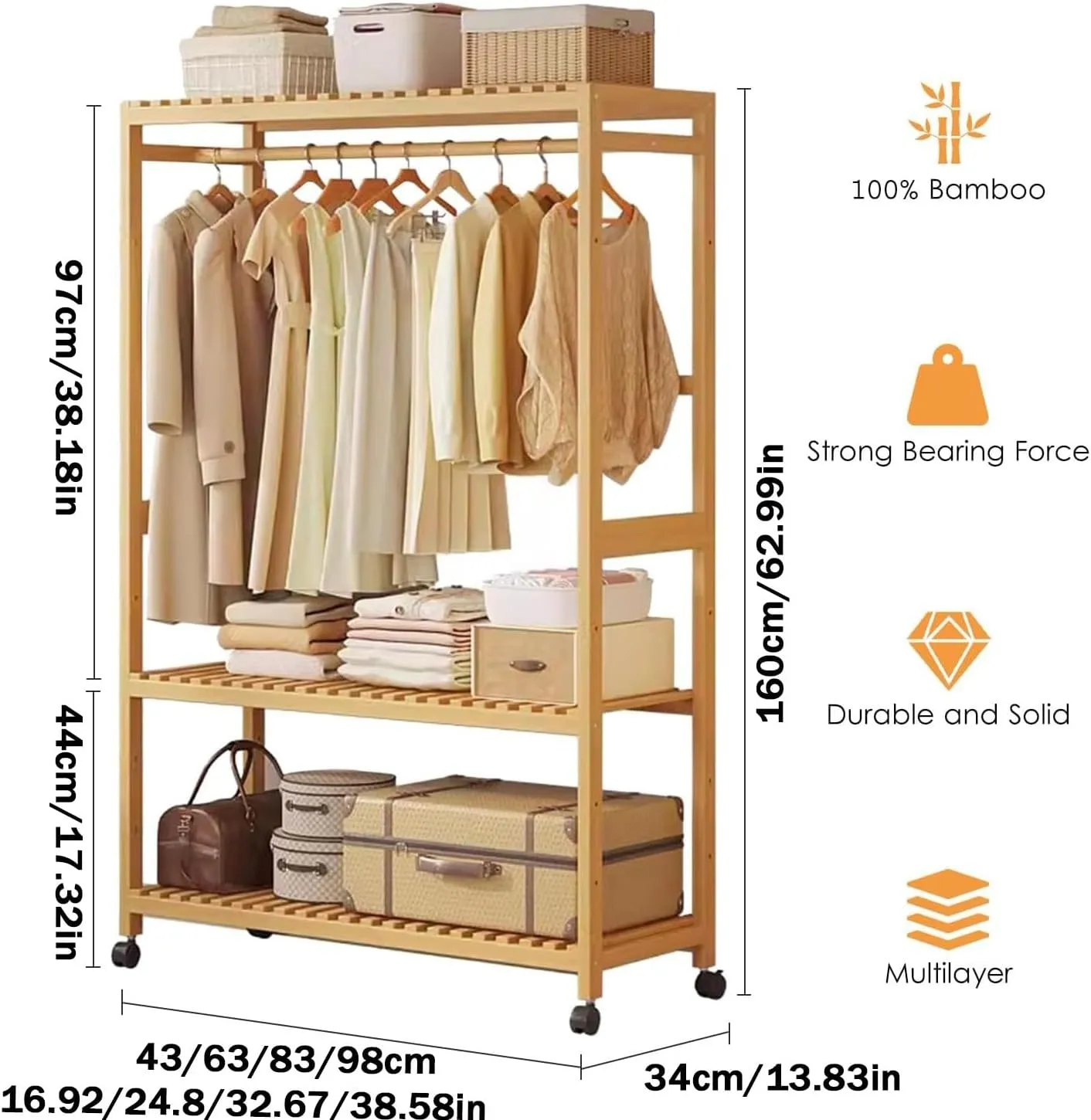 Clothes Rack with Wheels, Bamboo Coat Rack with 2 Storage Shelves, Open Closet Organizers and a Top Rod for Bedroom, Hallway 83cm