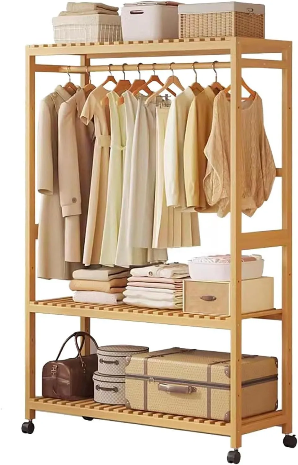Clothes Rack with Wheels, Bamboo Coat Rack with 2 Storage Shelves, Open Closet Organizers and a Top Rod for Bedroom, Hallway 83cm