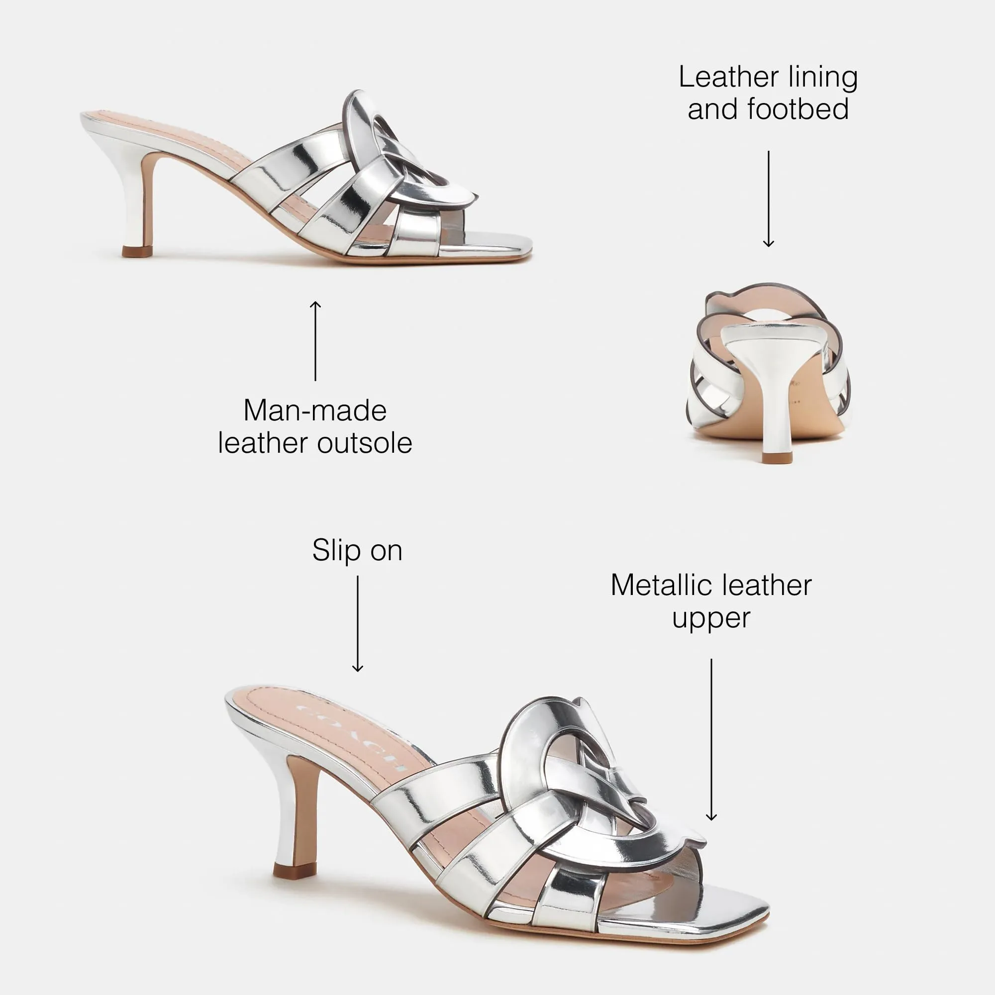 Coach Women's Tillie Metallic Leather Sandal Pump, Silver, 8.5