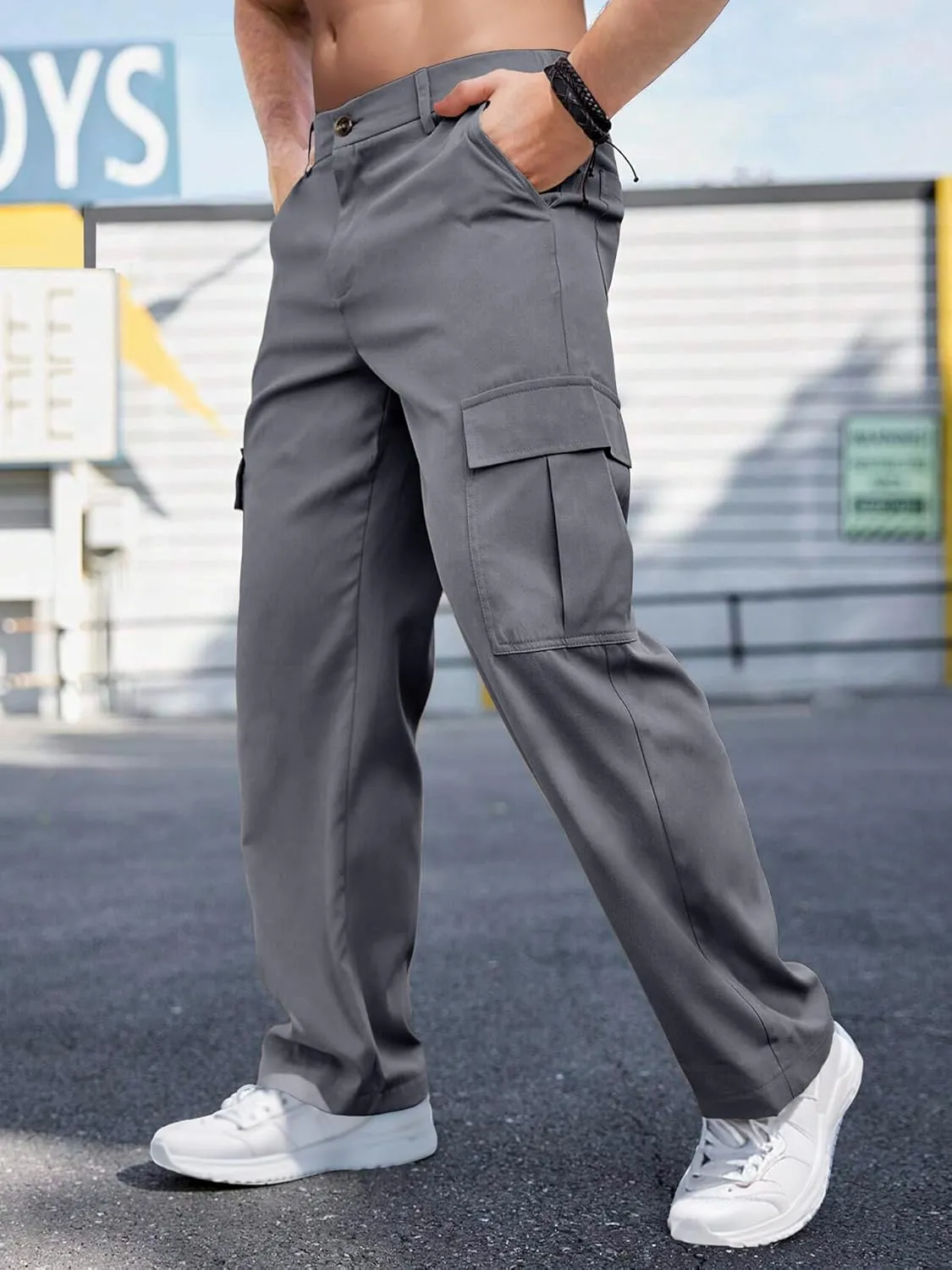Comdecevis Mens Casual Cargo Pants Baggy Straight Leg Sweatpants with Large Flap Pockets Hiking Sports Trousers