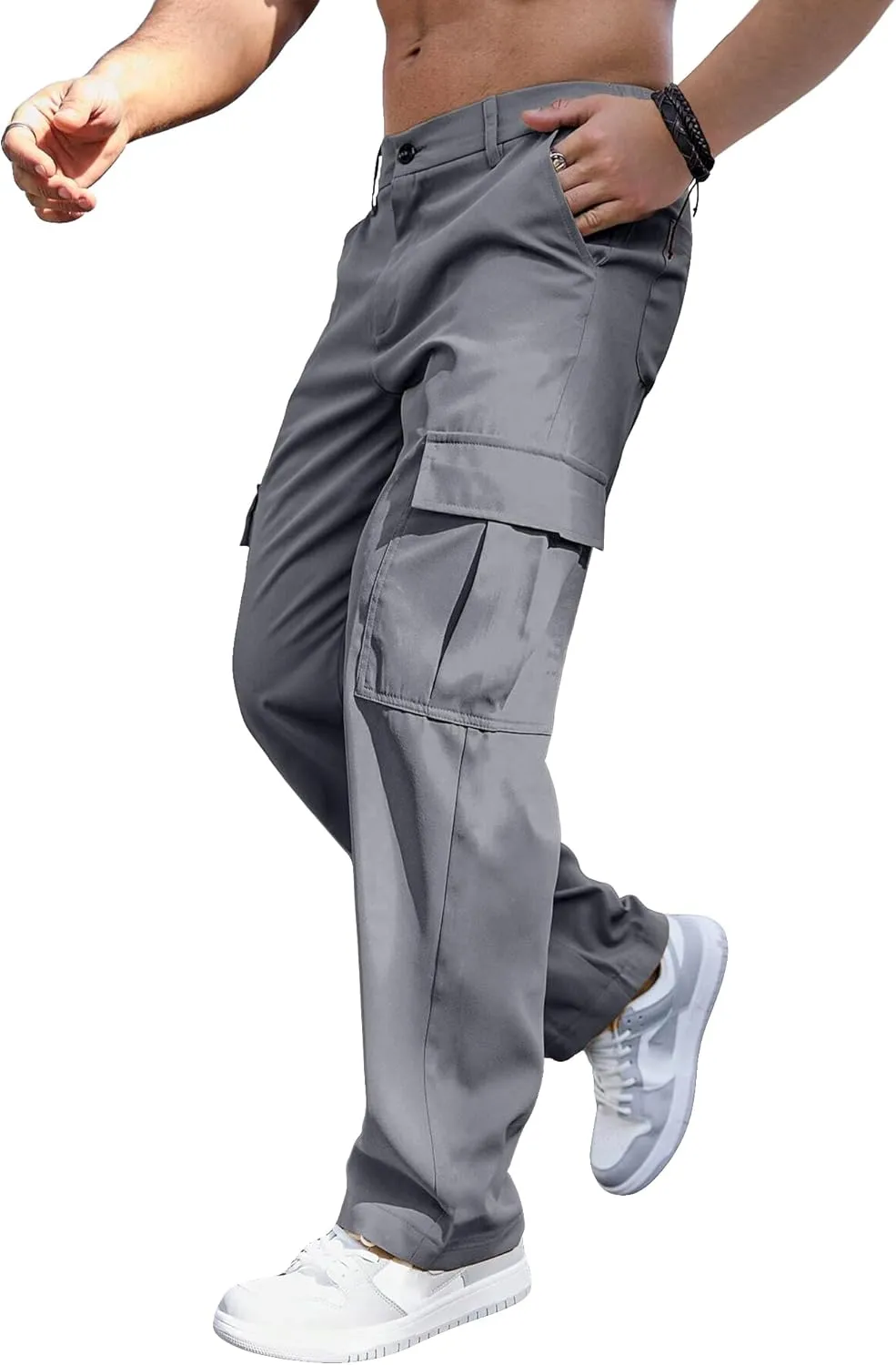 Comdecevis Mens Casual Cargo Pants Baggy Straight Leg Sweatpants with Large Flap Pockets Hiking Sports Trousers