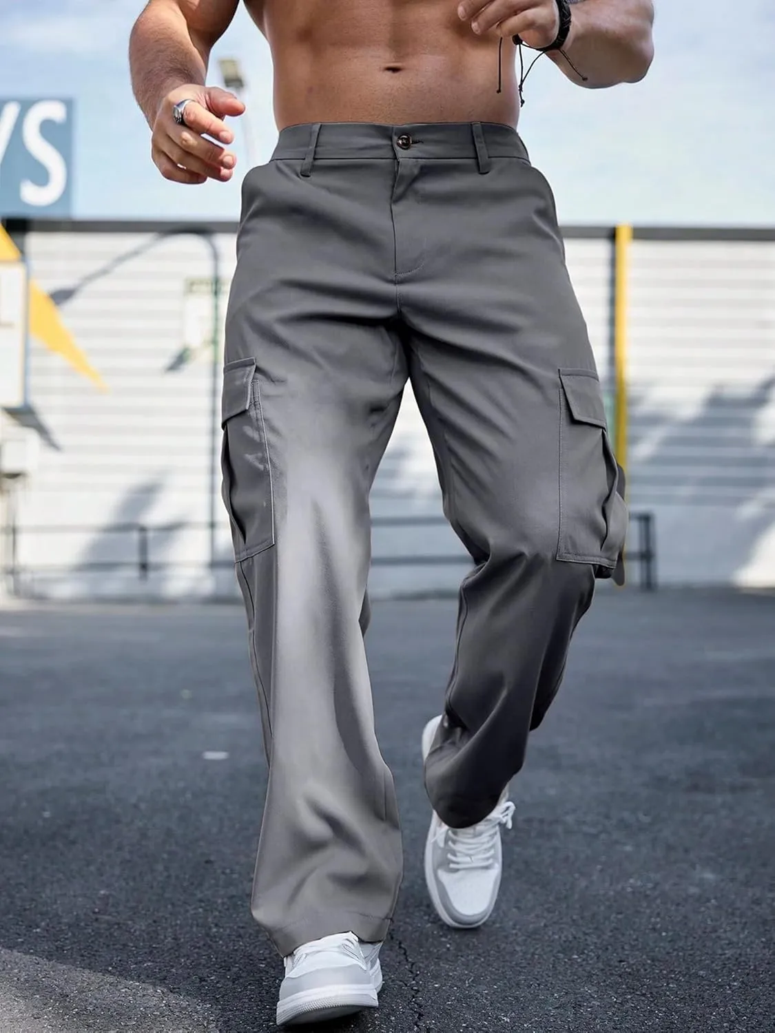 Comdecevis Mens Casual Cargo Pants Baggy Straight Leg Sweatpants with Large Flap Pockets Hiking Sports Trousers
