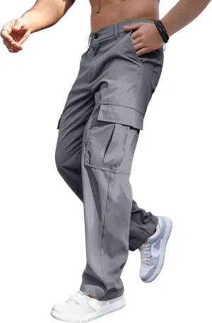 Comdecevis Mens Casual Cargo Pants Baggy Straight Leg Sweatpants with Large Flap Pockets Hiking Sports Trousers