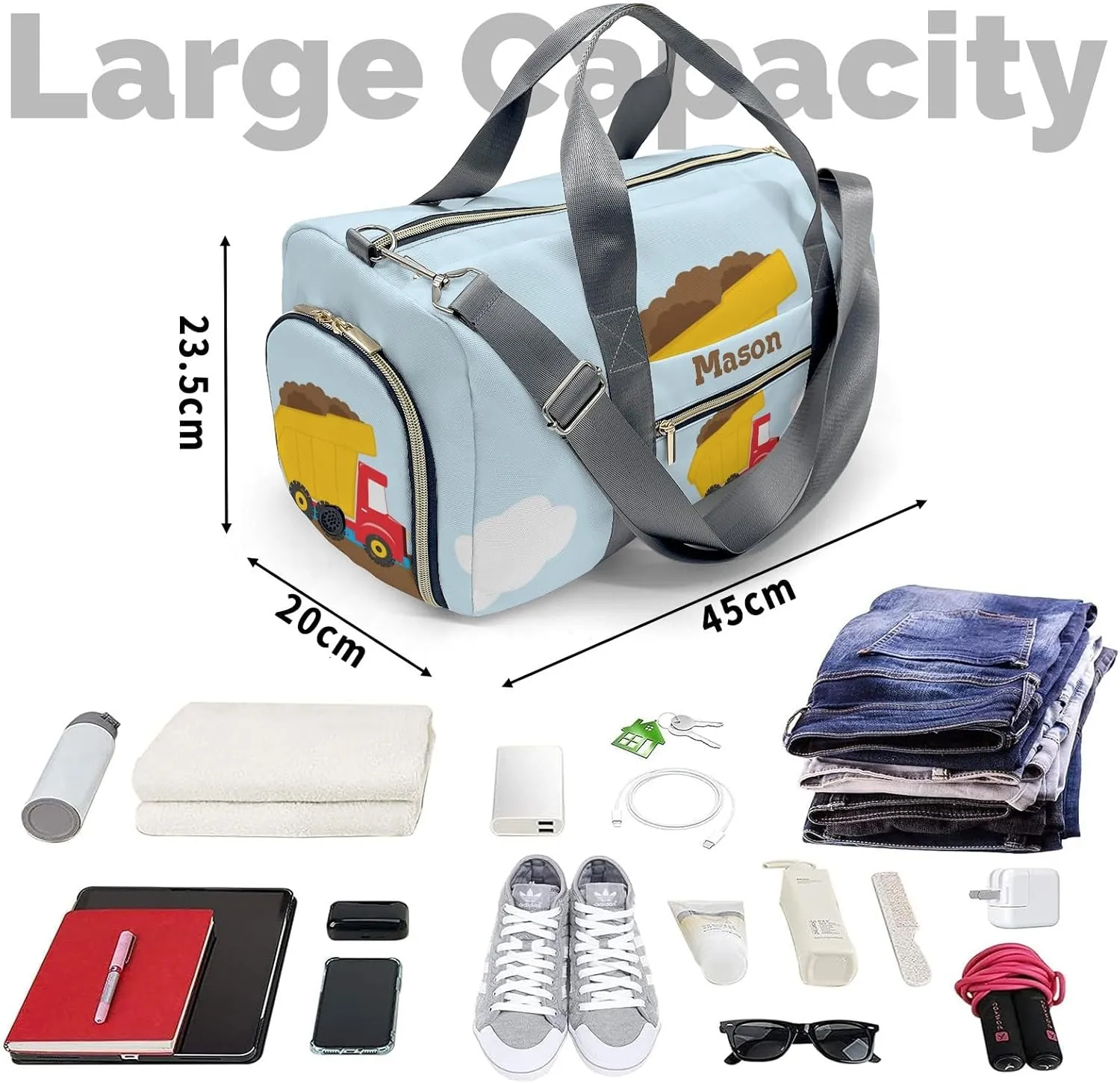 Construction Machinery Cloudy Personalized Duffel Bag,Custom Travel Gym Bag with Name,Waterproof Sports Overnight Bag with Shoe Compartment & Shoulder Strap