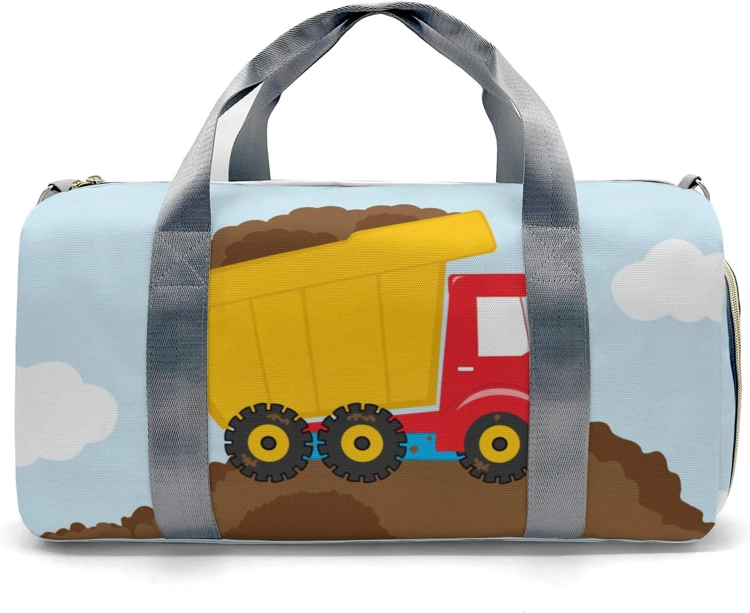 Construction Machinery Cloudy Personalized Duffel Bag,Custom Travel Gym Bag with Name,Waterproof Sports Overnight Bag with Shoe Compartment & Shoulder Strap