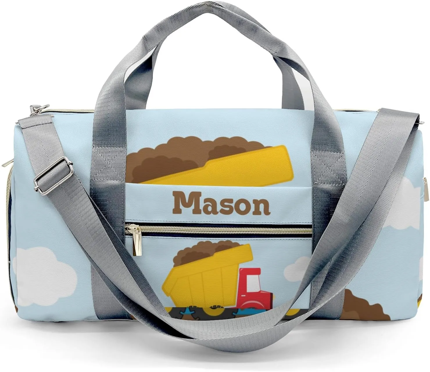 Construction Machinery Cloudy Personalized Duffel Bag,Custom Travel Gym Bag with Name,Waterproof Sports Overnight Bag with Shoe Compartment & Shoulder Strap