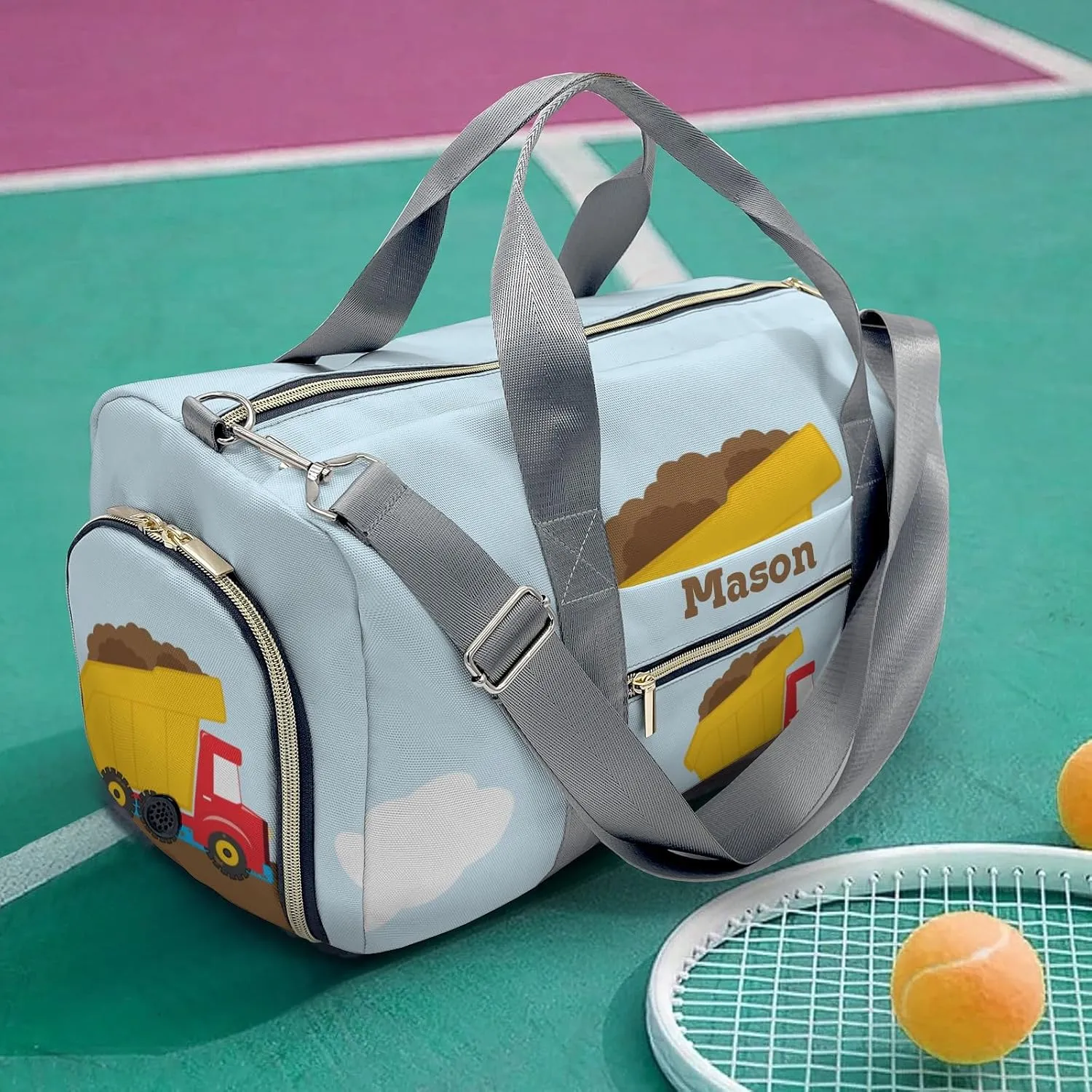 Construction Machinery Cloudy Personalized Duffel Bag,Custom Travel Gym Bag with Name,Waterproof Sports Overnight Bag with Shoe Compartment & Shoulder Strap