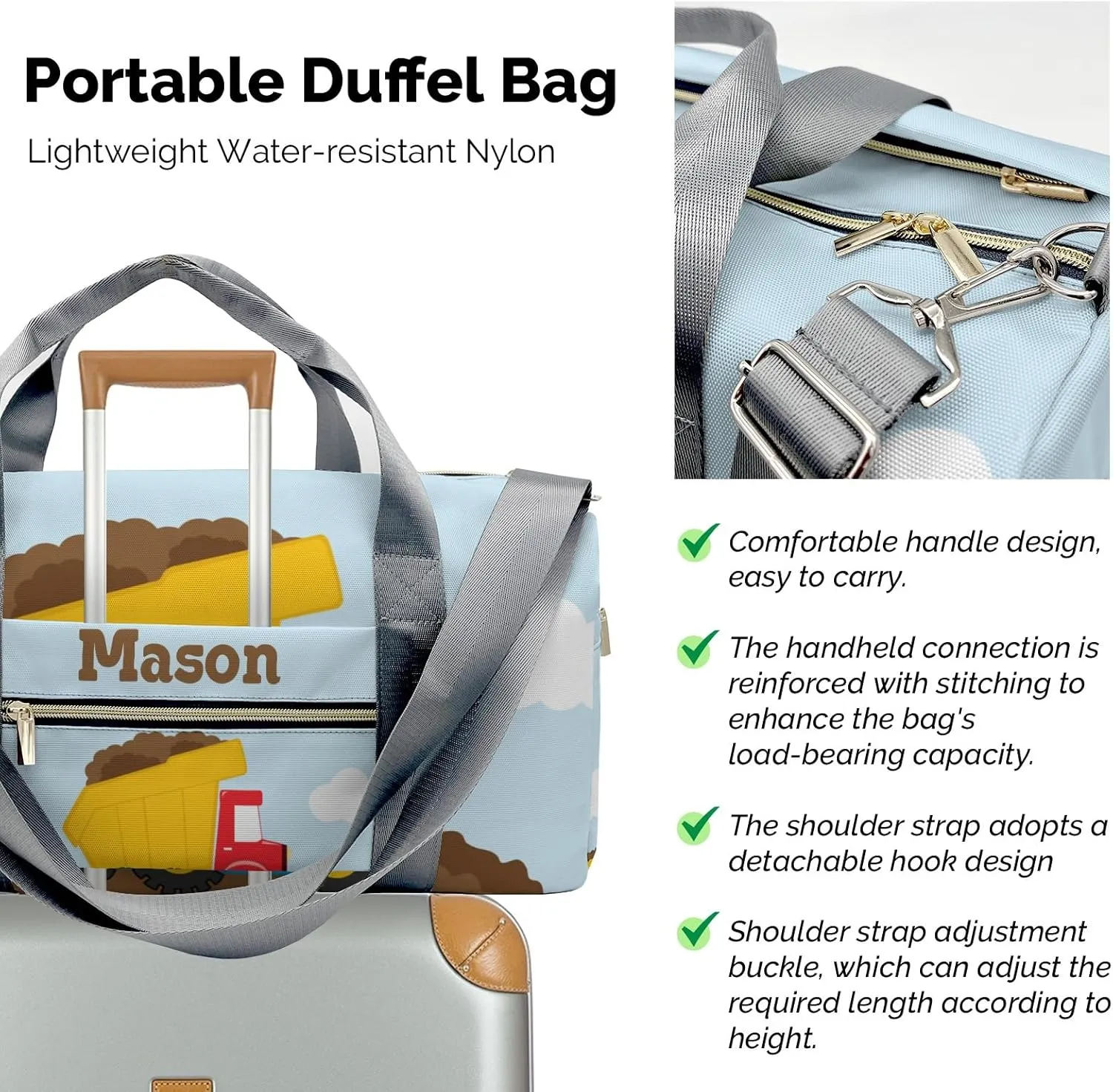Construction Machinery Cloudy Personalized Duffel Bag,Custom Travel Gym Bag with Name,Waterproof Sports Overnight Bag with Shoe Compartment & Shoulder Strap