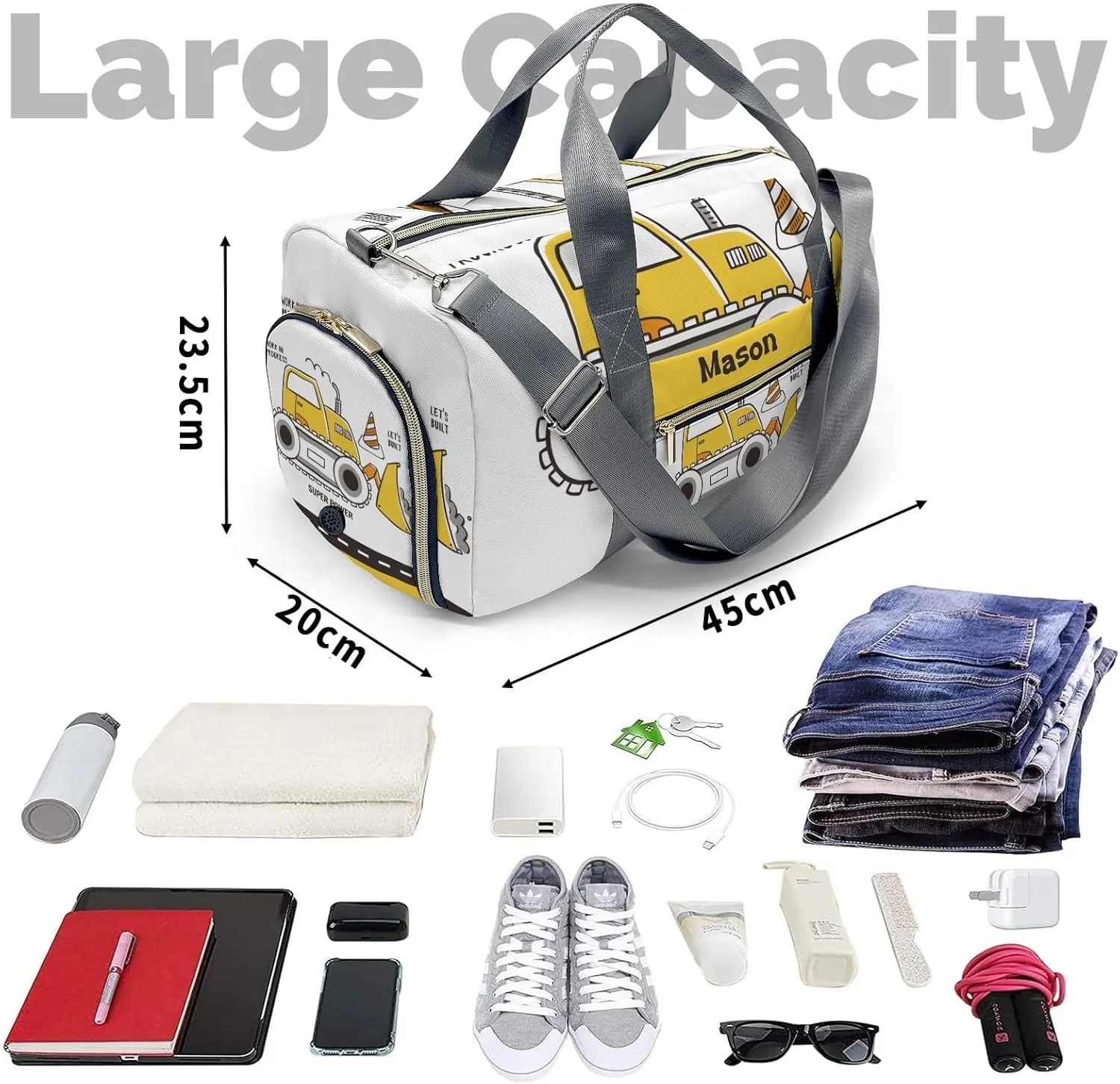 Construction Machinery Power Personalized Duffel Bag,Custom Travel Gym Bag with Name,Waterproof Sports Overnight Bag with Shoe Compartment & Shoulder Strap