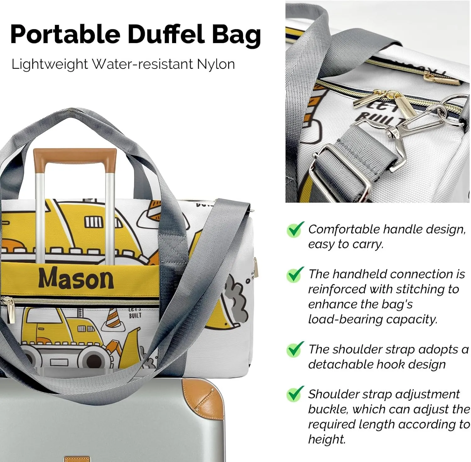 Construction Machinery Power Personalized Duffel Bag,Custom Travel Gym Bag with Name,Waterproof Sports Overnight Bag with Shoe Compartment & Shoulder Strap