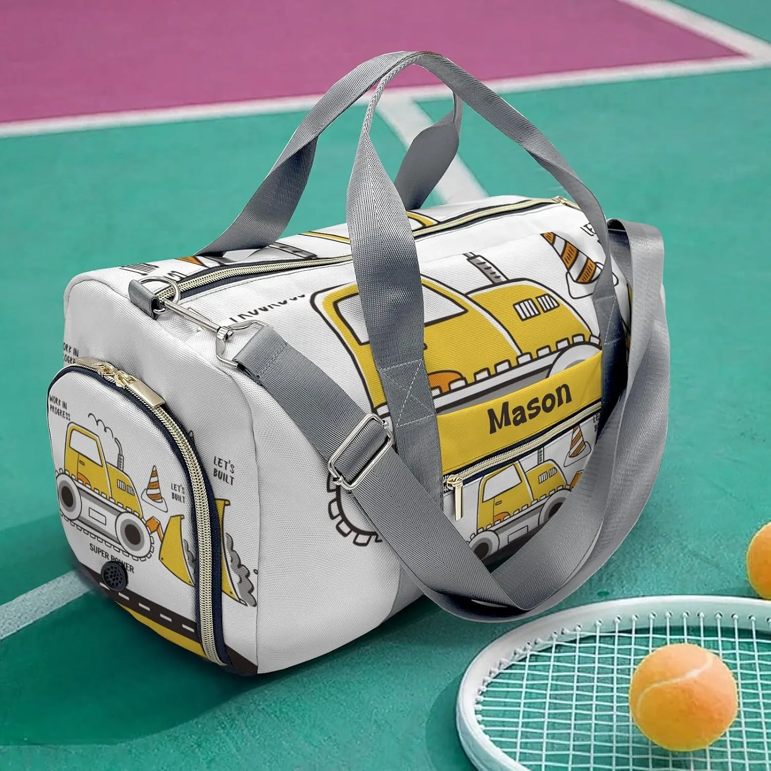Construction Machinery Power Personalized Duffel Bag,Custom Travel Gym Bag with Name,Waterproof Sports Overnight Bag with Shoe Compartment & Shoulder Strap