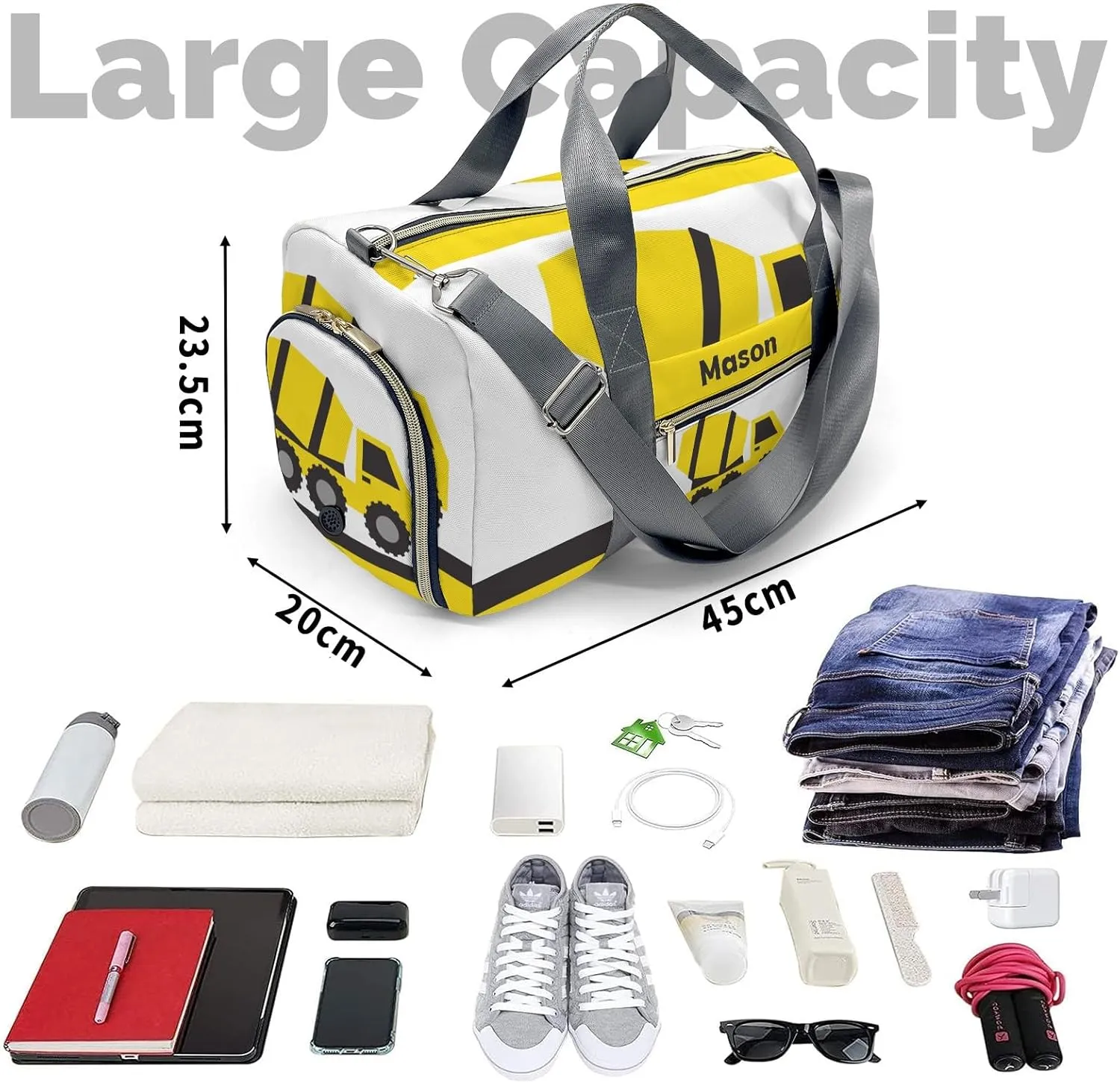 Construction Truck Yellow Mixer Personalized Duffel Bag,Custom Travel Gym Bag with Name,Waterproof Sports Overnight Bag with Shoe Compartment & Shoulder Strap