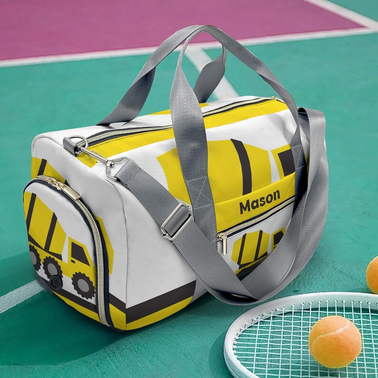 Construction Truck Yellow Mixer Personalized Duffel Bag,Custom Travel Gym Bag with Name,Waterproof Sports Overnight Bag with Shoe Compartment & Shoulder Strap