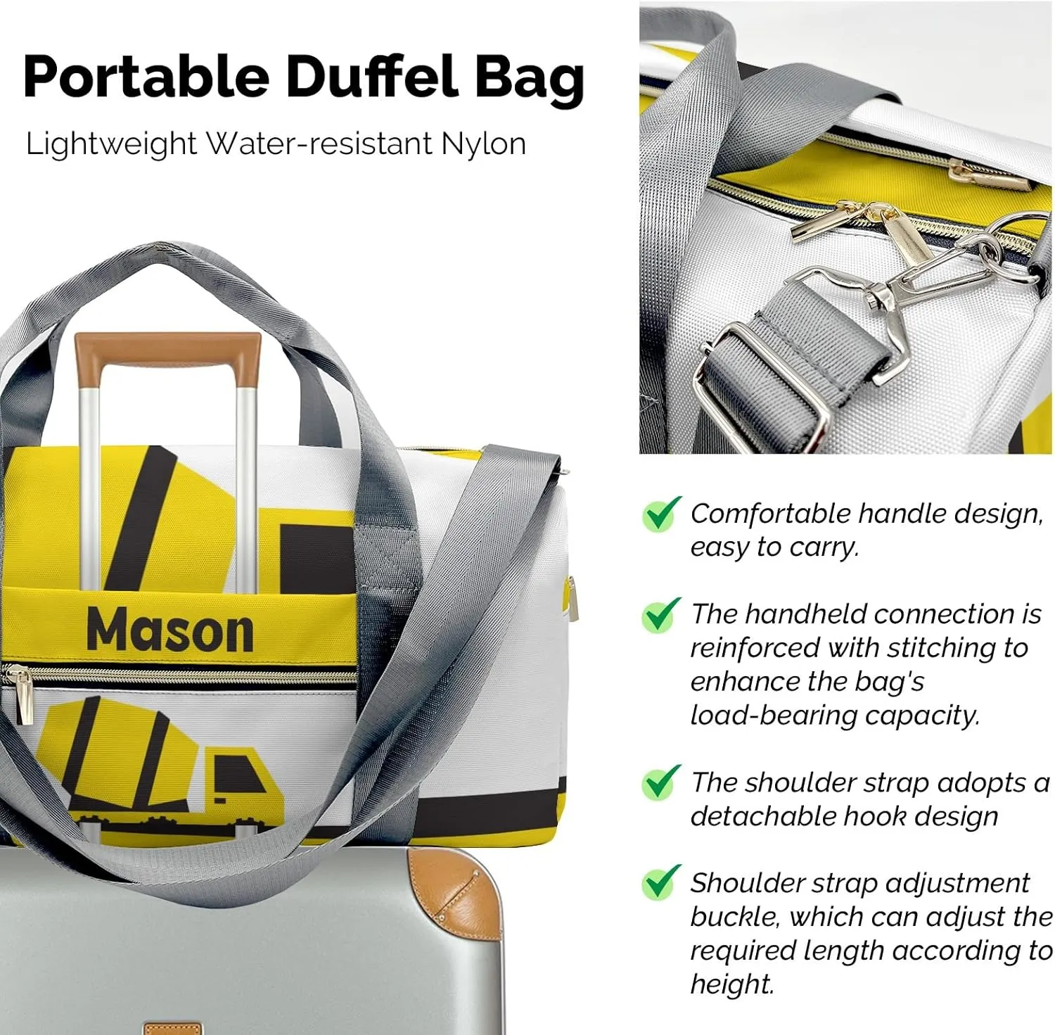 Construction Truck Yellow Mixer Personalized Duffel Bag,Custom Travel Gym Bag with Name,Waterproof Sports Overnight Bag with Shoe Compartment & Shoulder Strap