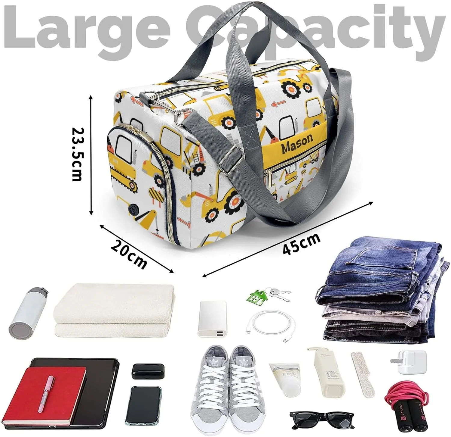 Construction Yellow Truck Personalized Duffel Bag,Custom Travel Gym Bag with Name,Waterproof Sports Overnight Bag with Shoe Compartment & Shoulder Strap