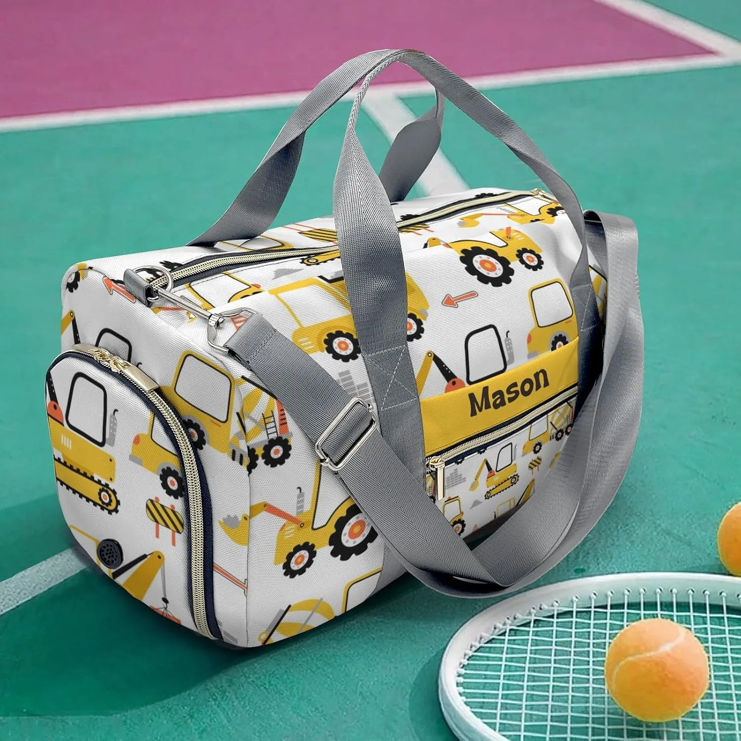 Construction Yellow Truck Personalized Duffel Bag,Custom Travel Gym Bag with Name,Waterproof Sports Overnight Bag with Shoe Compartment & Shoulder Strap