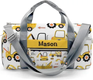 Construction Yellow Truck Personalized Duffel Bag,Custom Travel Gym Bag with Name,Waterproof Sports Overnight Bag with Shoe Compartment & Shoulder Strap