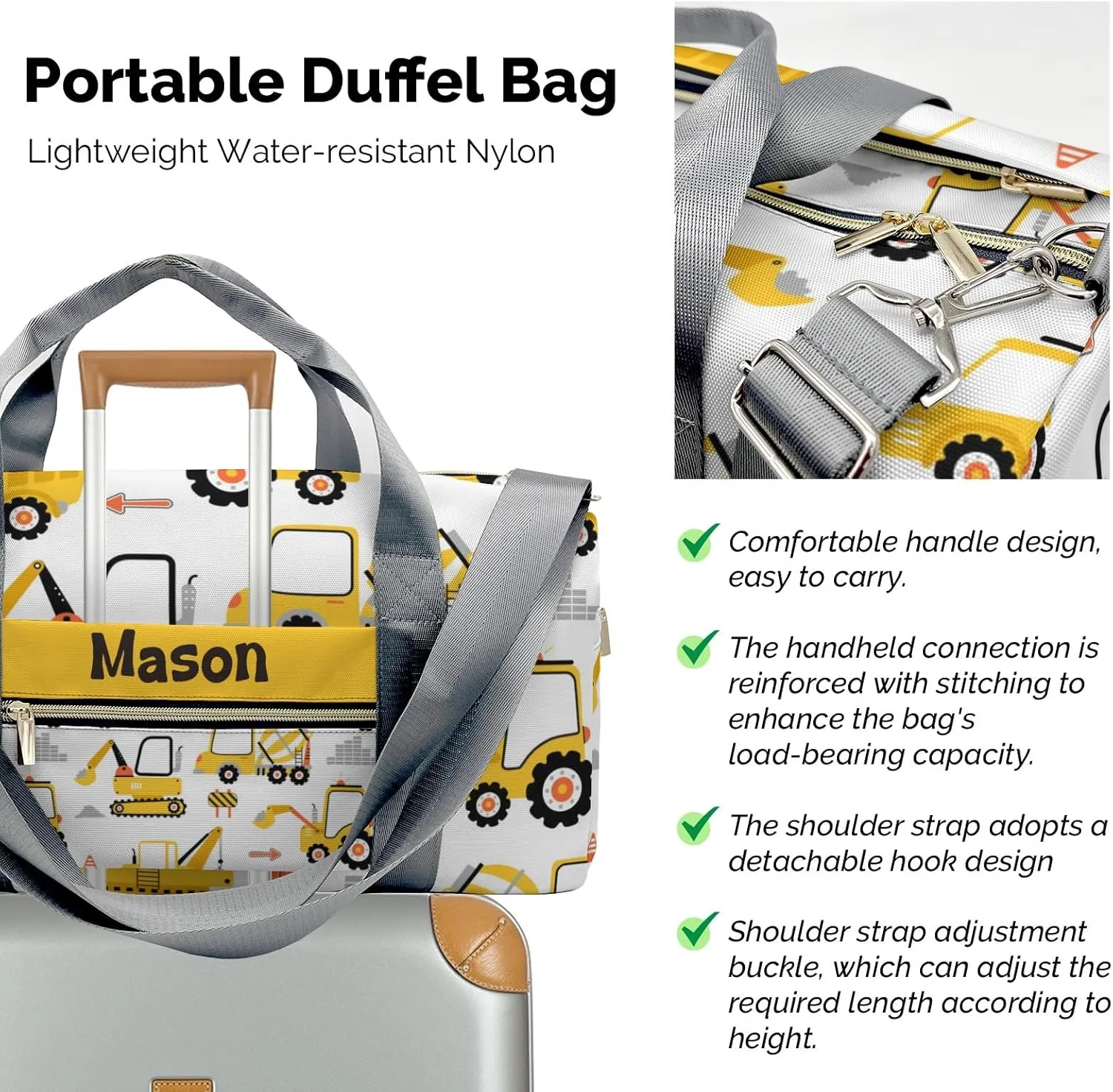 Construction Yellow Truck Personalized Duffel Bag,Custom Travel Gym Bag with Name,Waterproof Sports Overnight Bag with Shoe Compartment & Shoulder Strap