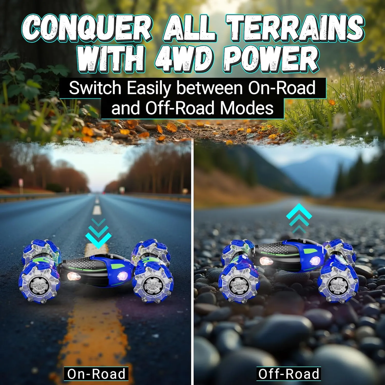 Contixo Rc Stunt Racing Cars, Blue 4WD Off-Road Rotate 360 Degrees Double-Sided Driving Flips & Spins Bluetooth Remote Control Cars Kid Toys with Lights Music for Boys & Girls Ages 6 