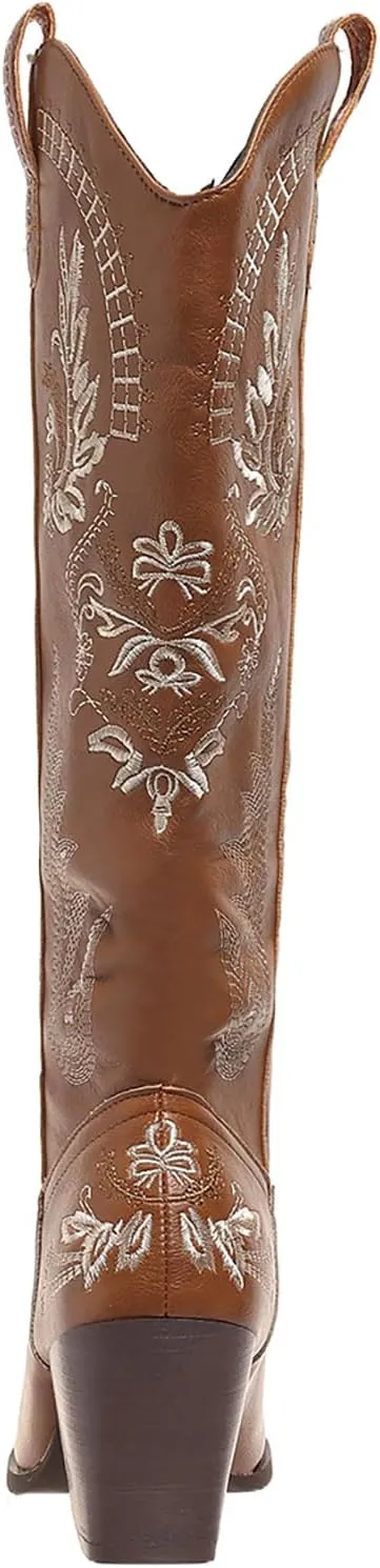Cowboy Boots for Women Wide Calf Cowgirl Boot Embroidered Western Pointed Toe Chunky Heel Pull On Knee High Retro Tall Boot Ladies Boots