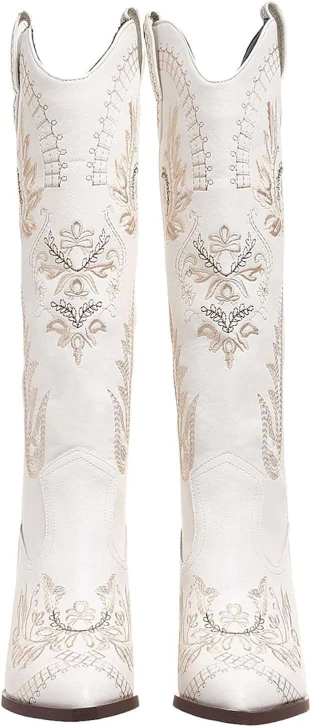 Cowboy Boots for Women Wide Calf Cowgirl Boot Embroidered Western Pointed Toe Chunky Heel Pull On Knee High Retro Tall Boot Ladies Boots
