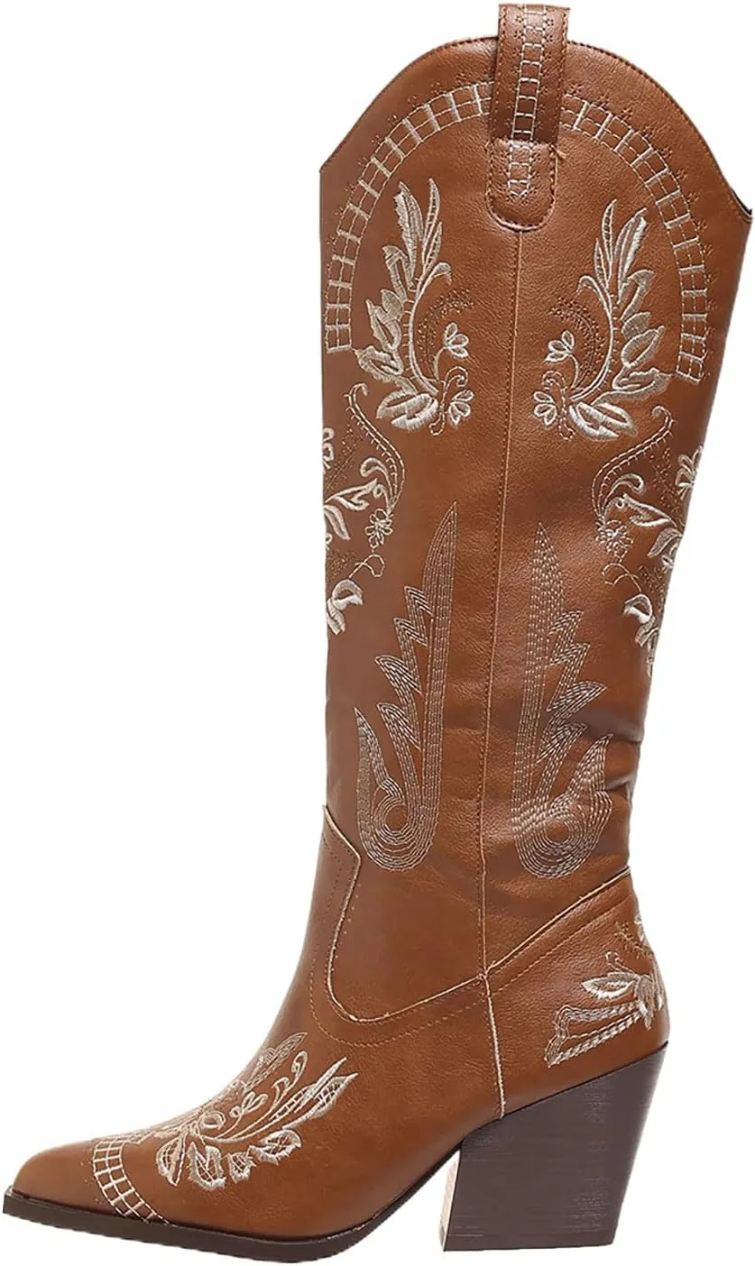 Cowboy Boots for Women Wide Calf Cowgirl Boot Embroidered Western Pointed Toe Chunky Heel Pull On Knee High Retro Tall Boot Ladies Boots