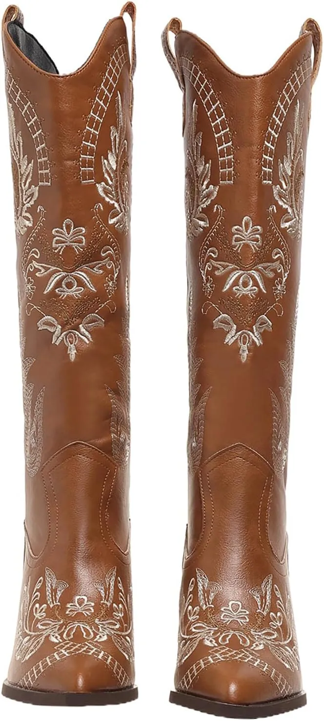 Cowboy Boots for Women Wide Calf Cowgirl Boot Embroidered Western Pointed Toe Chunky Heel Pull On Knee High Retro Tall Boot Ladies Boots
