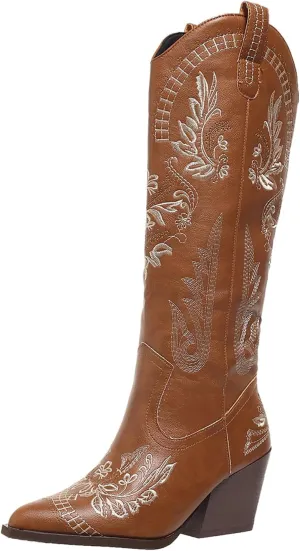 Cowboy Boots for Women Wide Calf Cowgirl Boot Embroidered Western Pointed Toe Chunky Heel Pull On Knee High Retro Tall Boot Ladies Boots