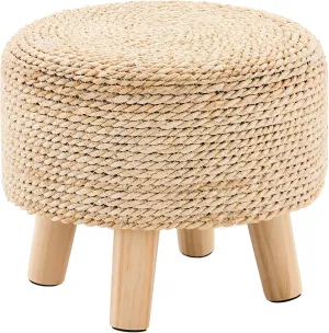 Cpintltr Round Seagrass Ottoman Footstool Handwoven Water Hyacinth Pouf with Solid Wood Legs Shoe Changing Stool Sturdy & Stylish Footrest for Living Room Balcony or Garden Natural