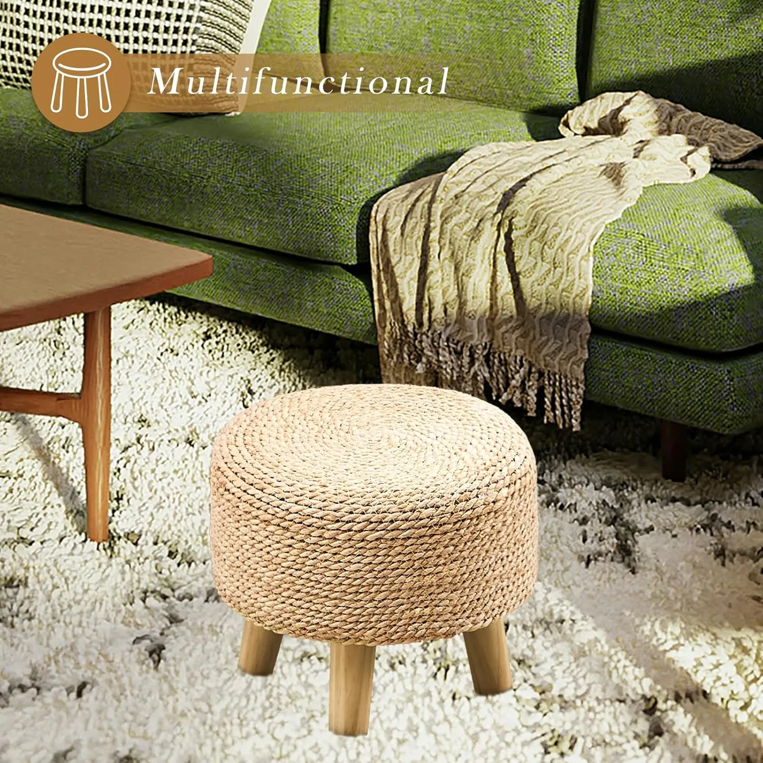 Cpintltr Round Seagrass Ottoman Footstool Handwoven Water Hyacinth Pouf with Solid Wood Legs Shoe Changing Stool Sturdy & Stylish Footrest for Living Room Balcony or Garden Natural