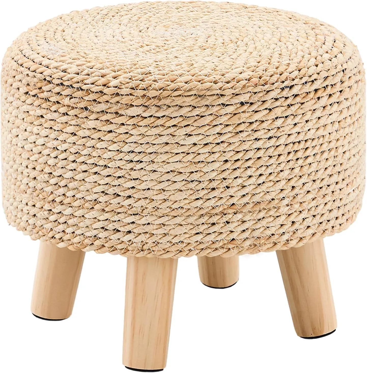 Cpintltr Round Seagrass Ottoman Footstool Handwoven Water Hyacinth Pouf with Solid Wood Legs Shoe Changing Stool Sturdy & Stylish Footrest for Living Room Balcony or Garden Natural
