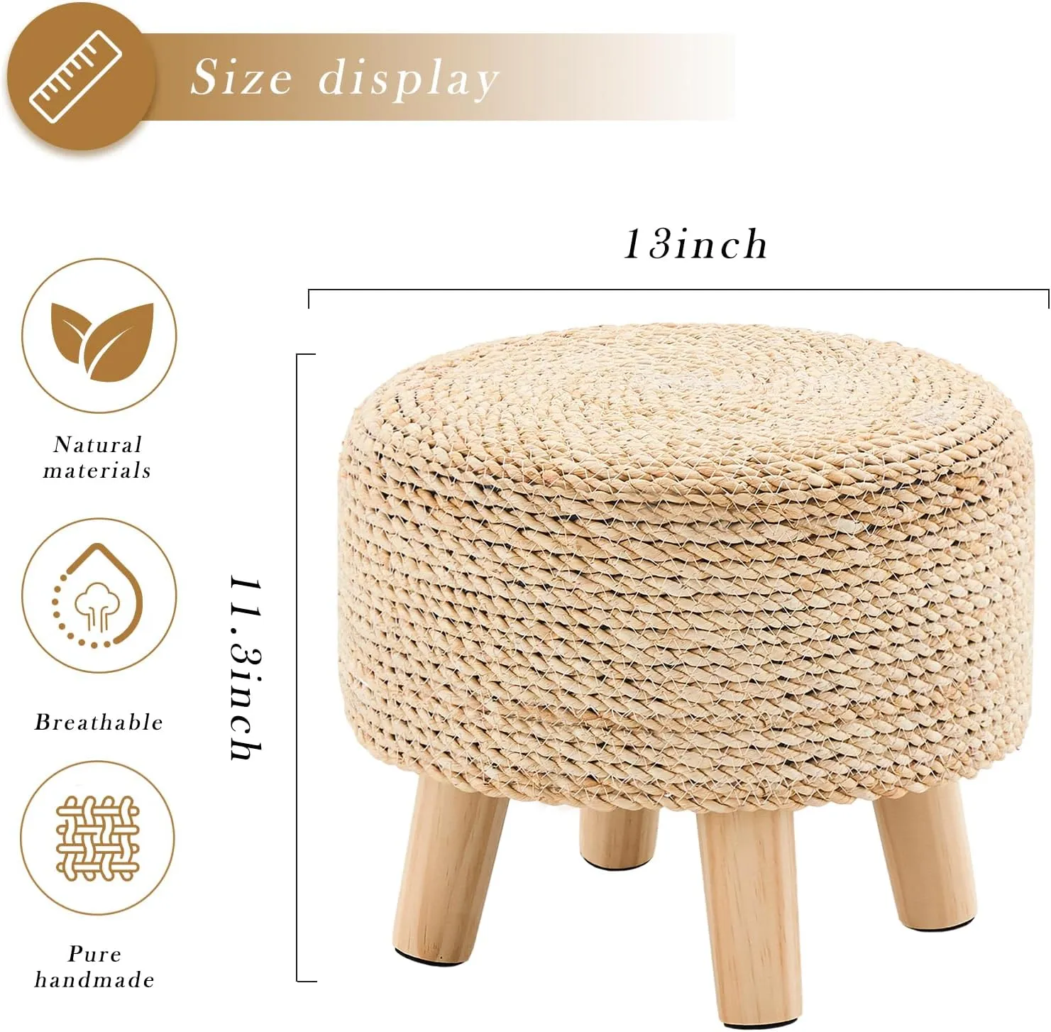 Cpintltr Round Seagrass Ottoman Footstool Handwoven Water Hyacinth Pouf with Solid Wood Legs Shoe Changing Stool Sturdy & Stylish Footrest for Living Room Balcony or Garden Natural