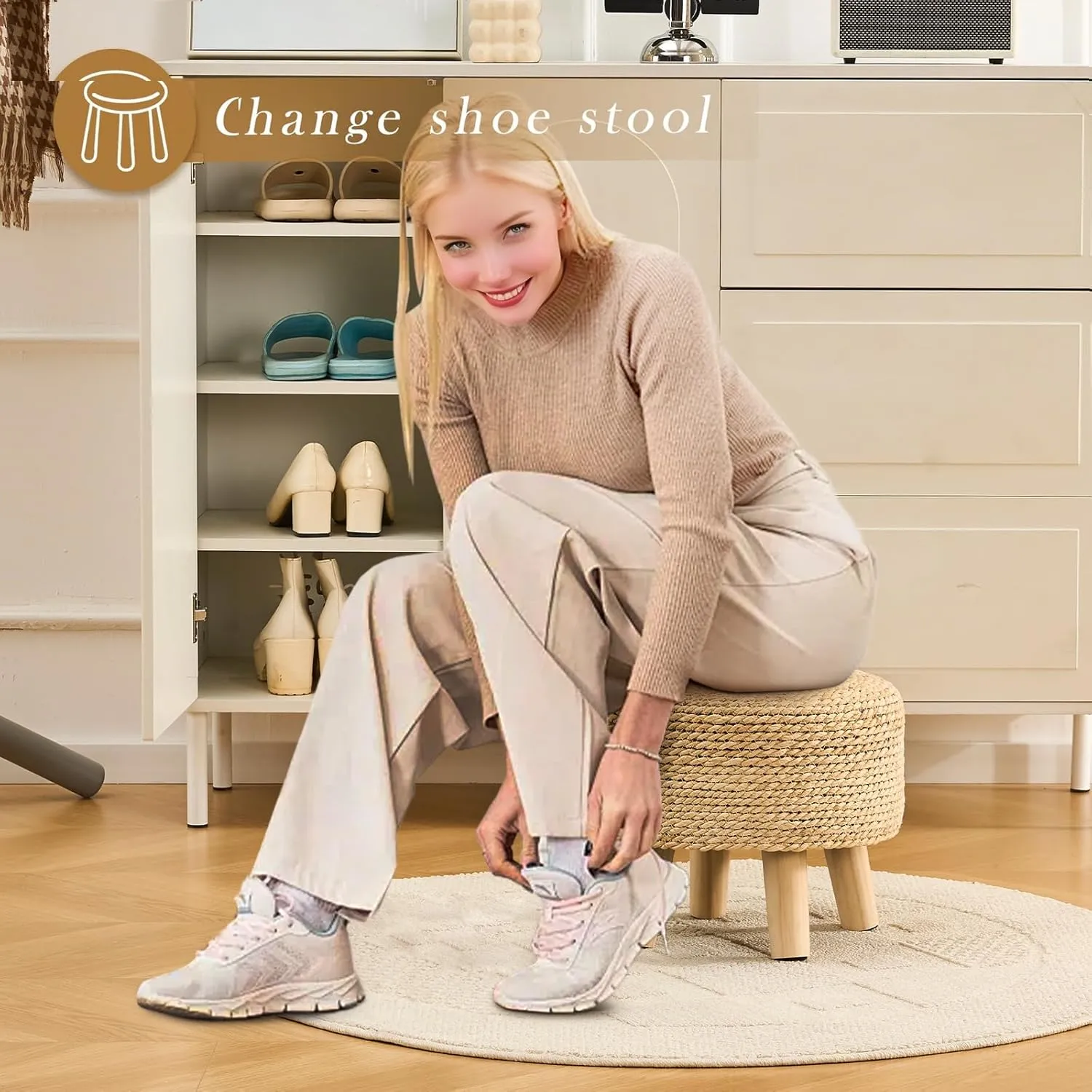 Cpintltr Round Seagrass Ottoman Footstool Handwoven Water Hyacinth Pouf with Solid Wood Legs Shoe Changing Stool Sturdy & Stylish Footrest for Living Room Balcony or Garden Natural