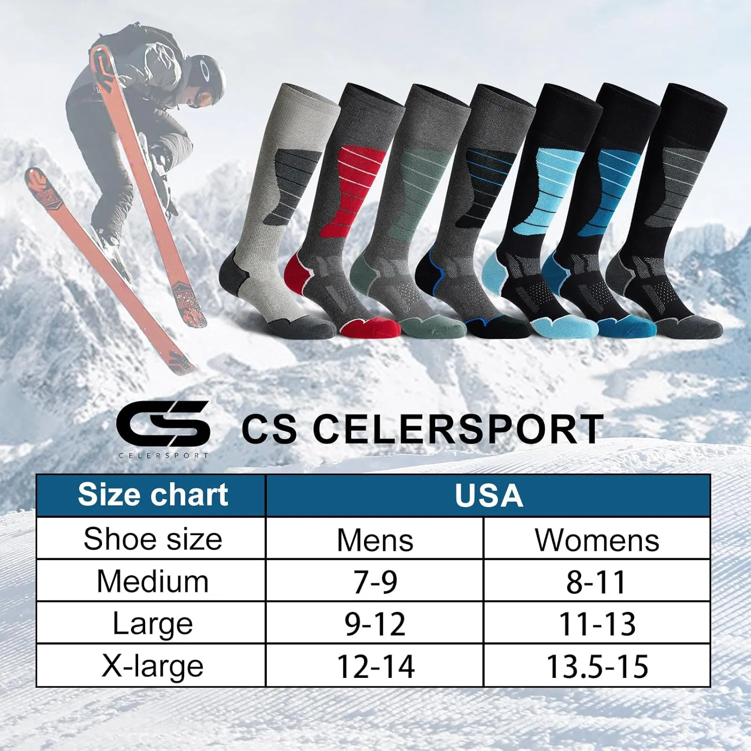 CS CELERSPORT 2/3/4 Pack Ski Socks for Men and Women Skiing, Snowboarding, Winter Performance Socks
